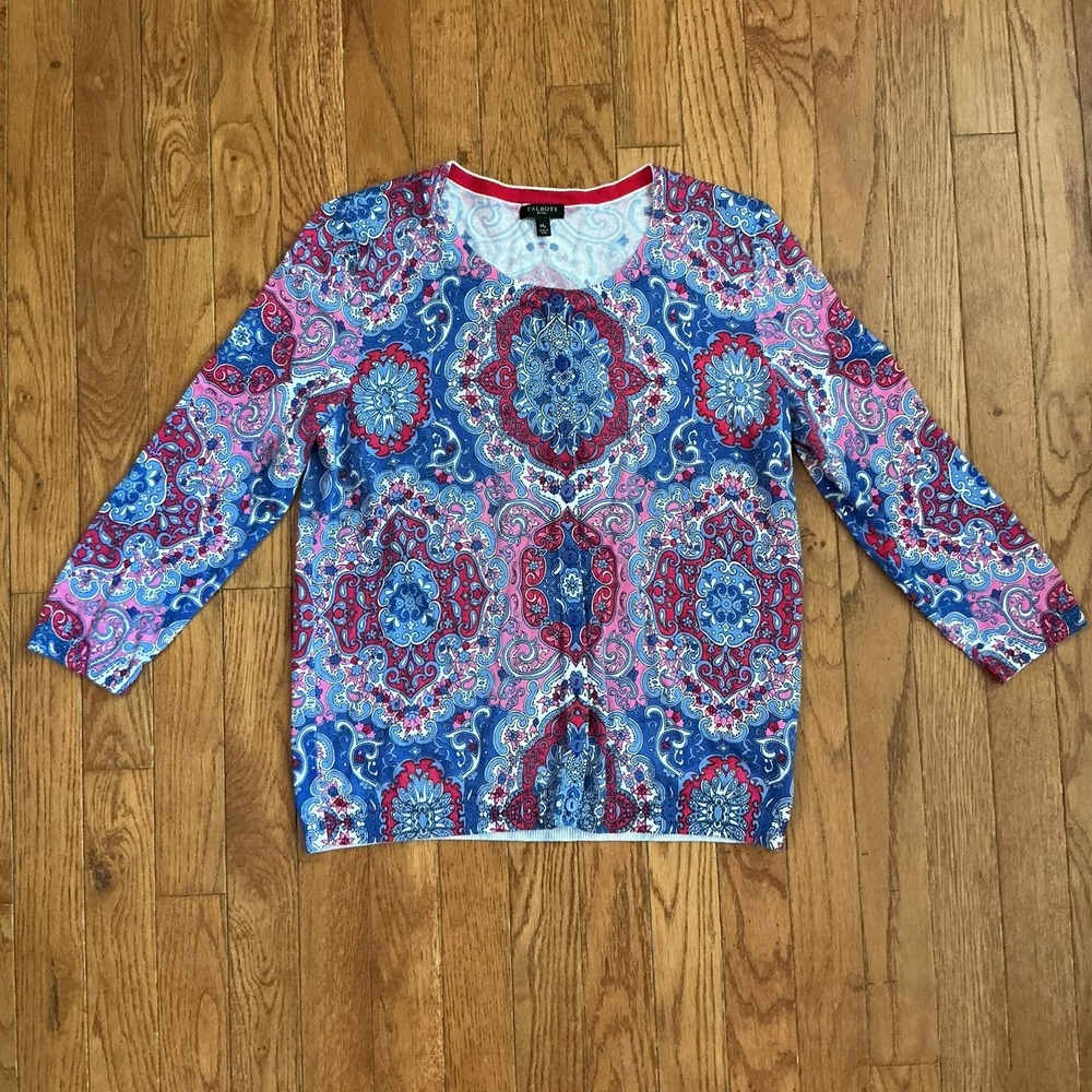 Talbots Womens Button Up Cardigan Size PM Cotton Blend Bright Paisley Preppy